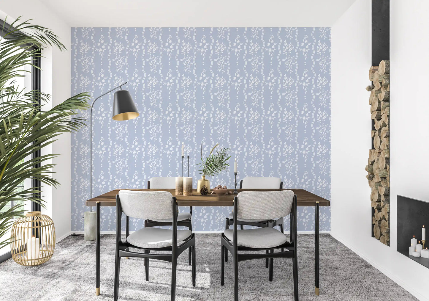 Soft Blue Dainty Floral and Wavy Stripe Wallpaper Wallpaper⁠