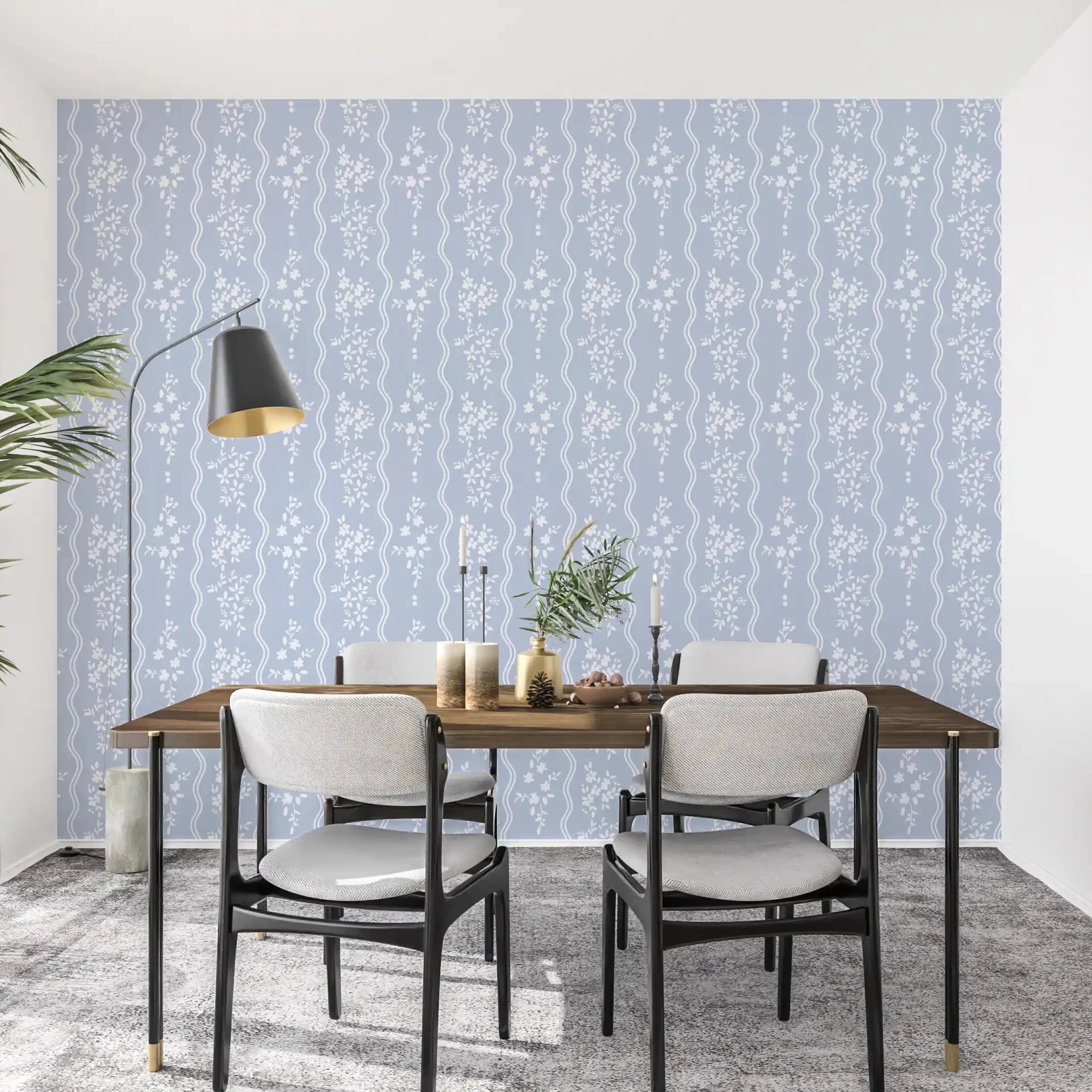 Soft Blue Dainty Floral wallpaper calms a Dining room with white sprigs GD10739
