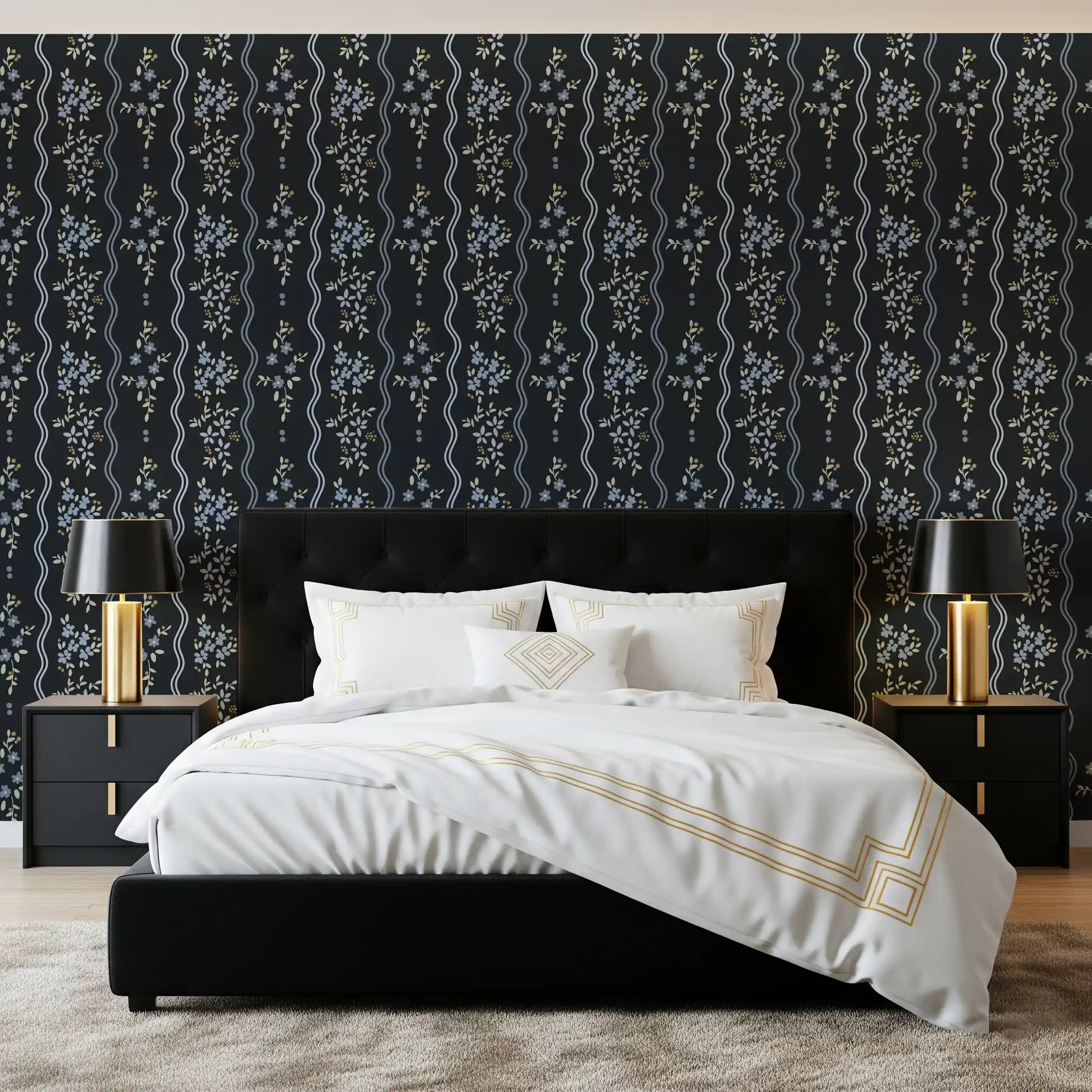 Blue blooms climb the Bedroom on this dark floral wallpaper GD10741
