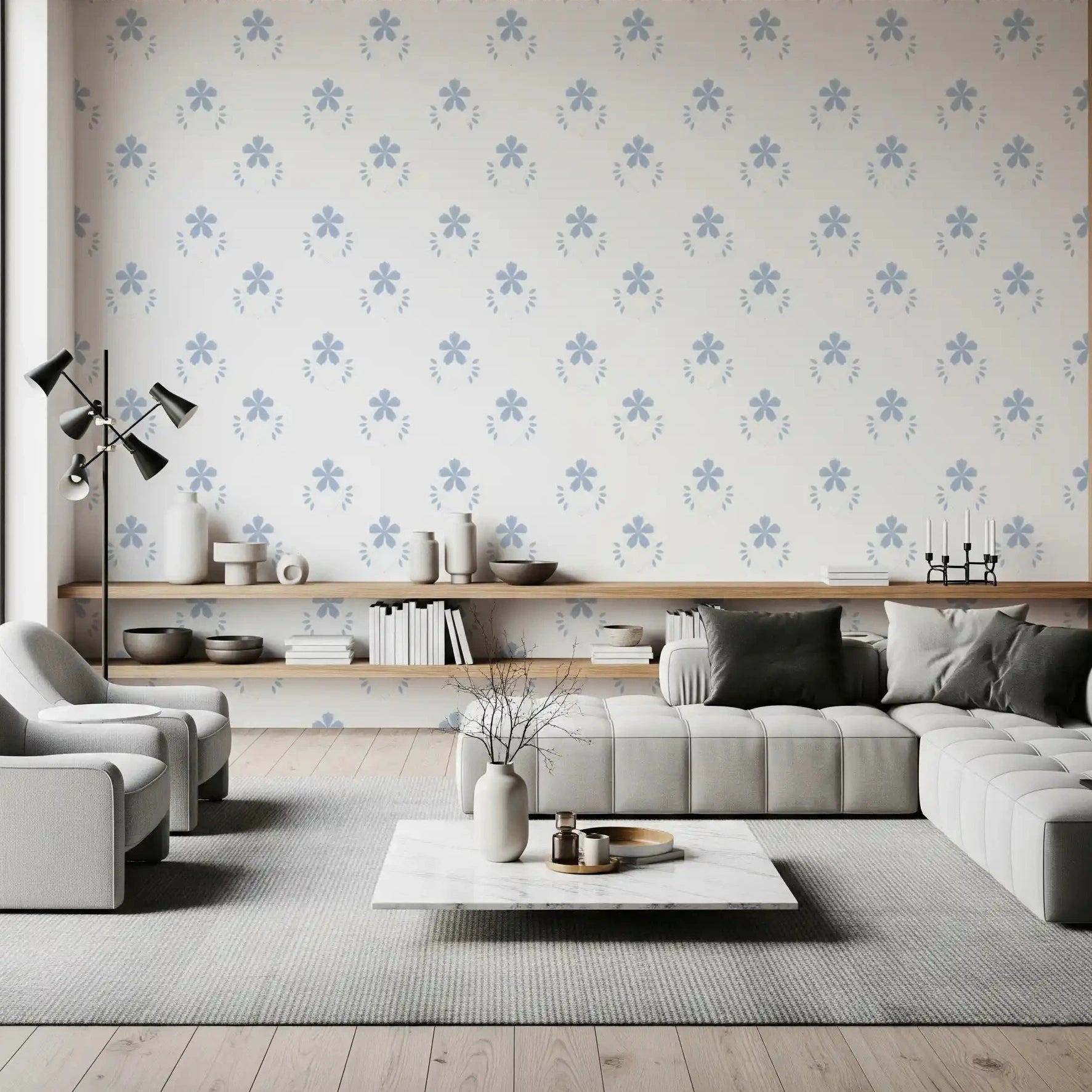 Serene Scandi Blue Blossom wallpaper set in a calm, open living room GD10744
