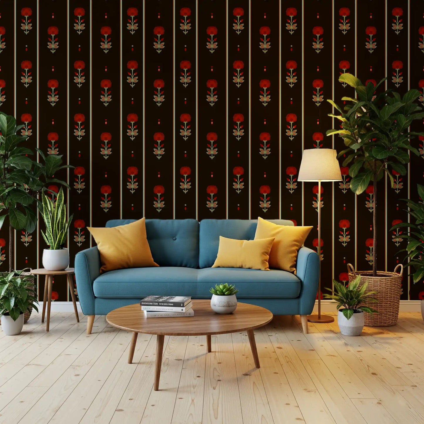 Crimson Folk Art Floral Stripe Wallpaper Wallpaper⁠