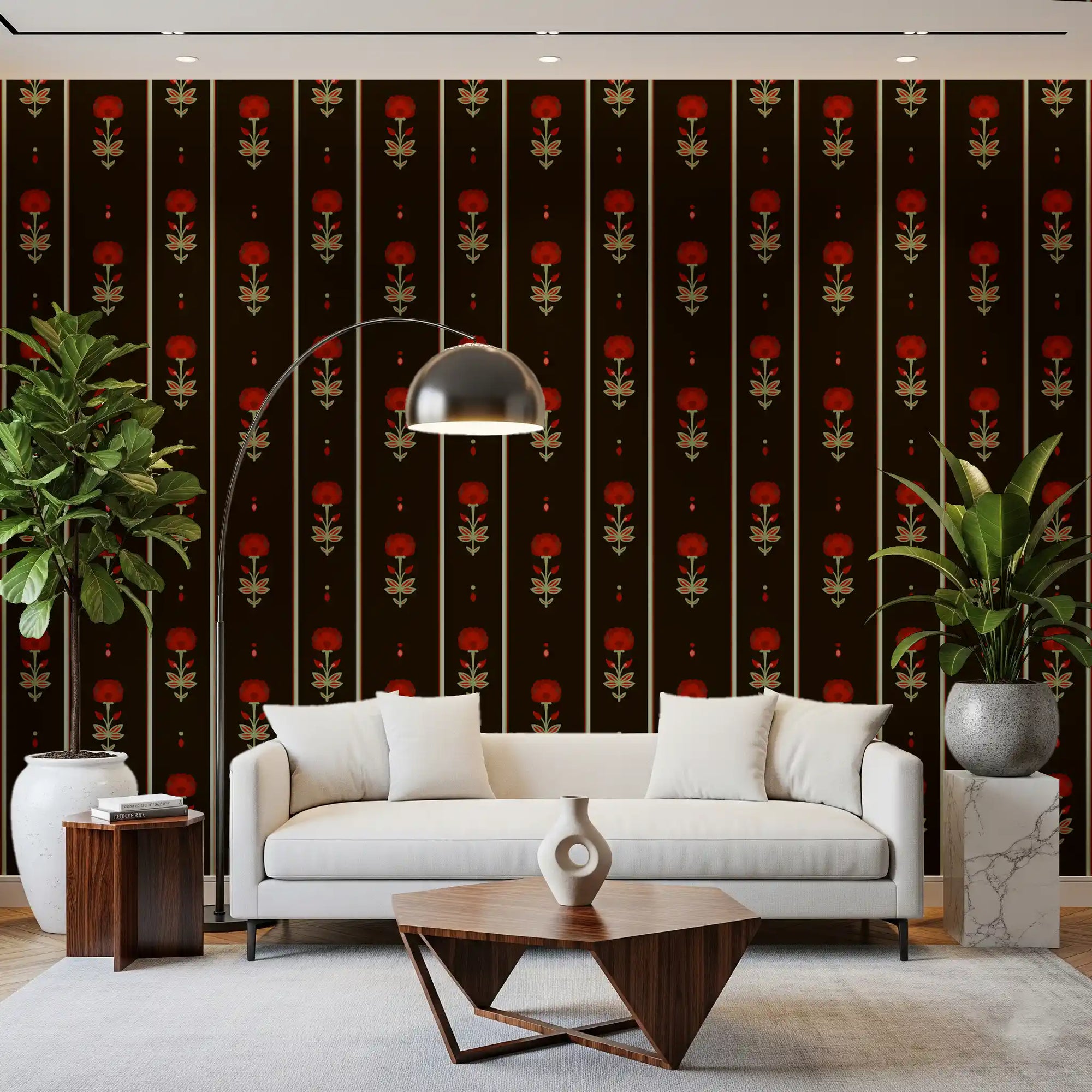 Crimson folk floral stripe wallpaper giving a living room warm character GD10746
