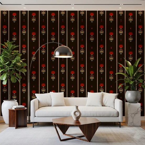 Crimson folk floral stripe wallpaper giving a living room warm character GD10746
