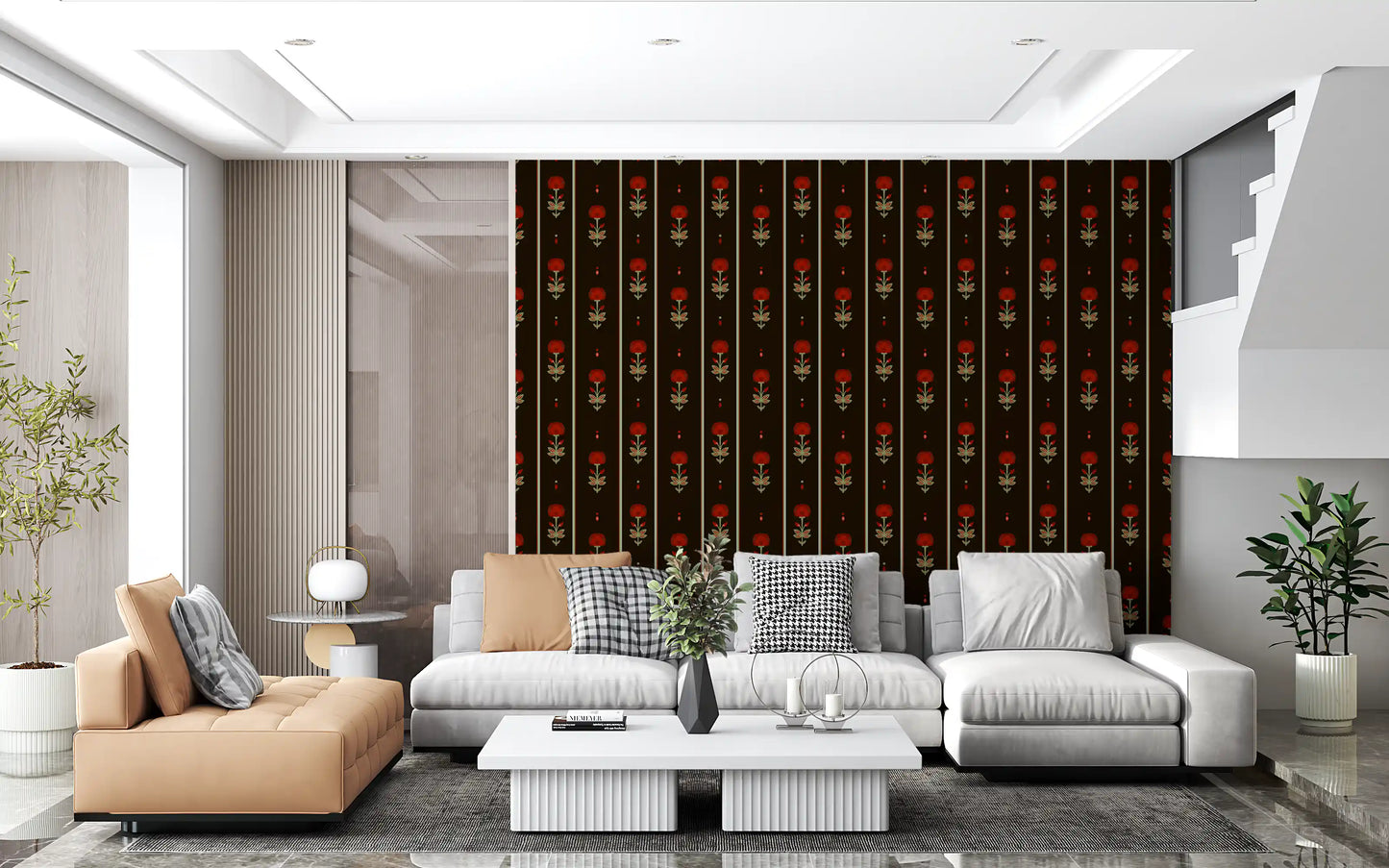 Crimson Folk Art Floral Stripe Wallpaper Wallpaper⁠
