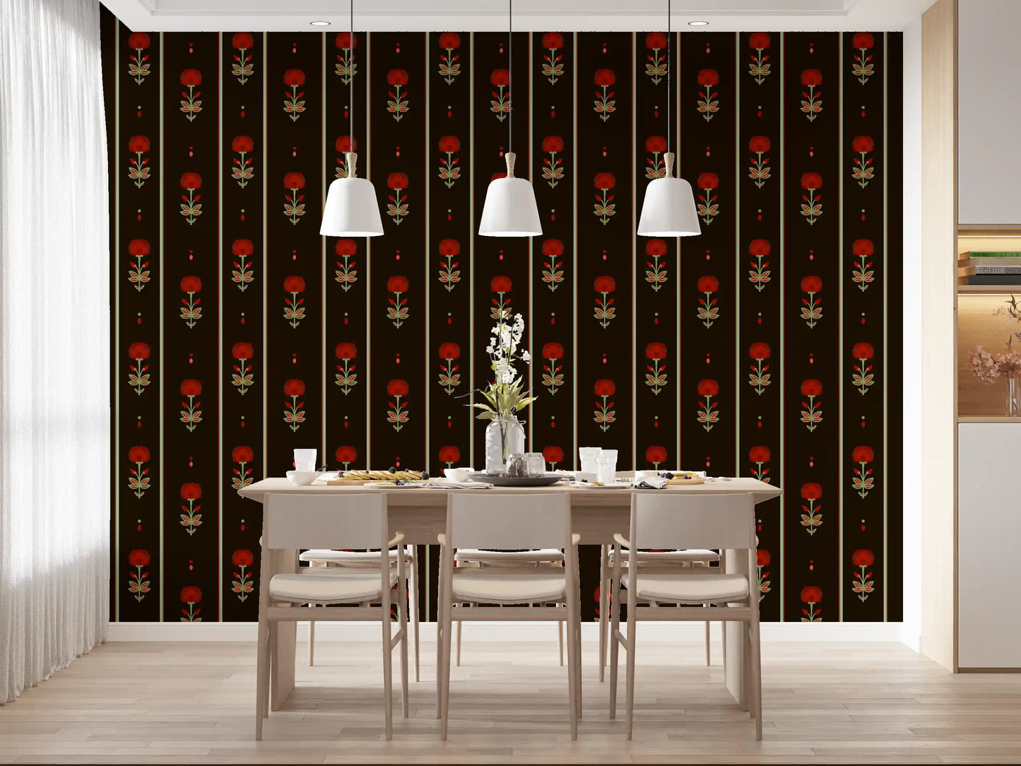 Crimson Folk Art Floral Stripe Wallpaper Wallpaper⁠