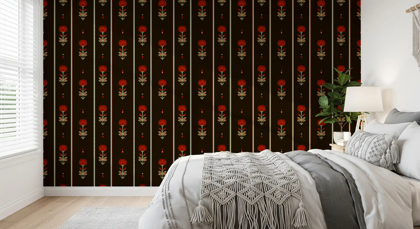 Crimson Folk Art Floral Stripe Wallpaper Wallpaper⁠