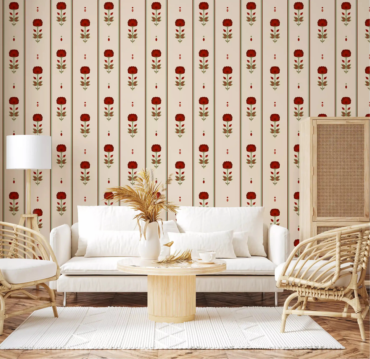 Vintage Heritage Red Floral Stripe Wallpaper warming a cosy living room GD10747

