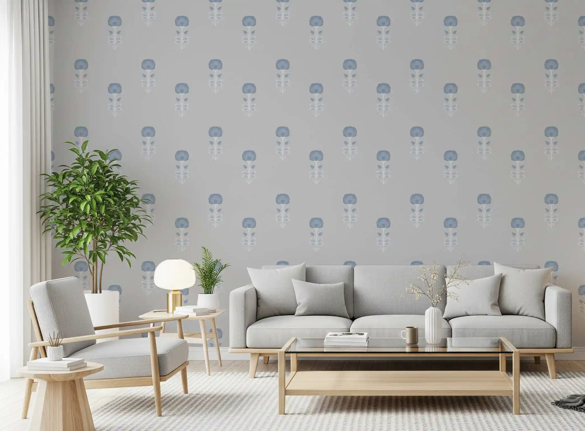 Living room styled with pale blue blossom wallpaper on a grey ground GD10748
