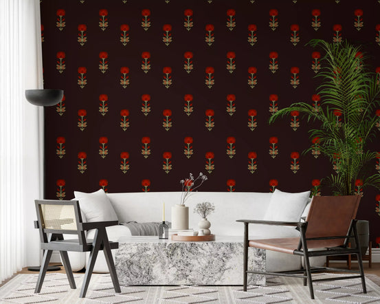 Crimson Mughal Blooms wallpaper warms a wide, open living room GD10749