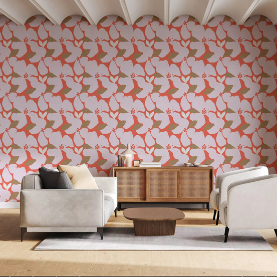 Retro Coral Abstract Floral Wallpaper⁠