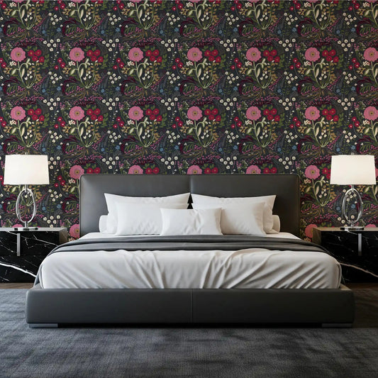 Folk floral wallpaper wrapping a Bedroom in deep tones GD10753