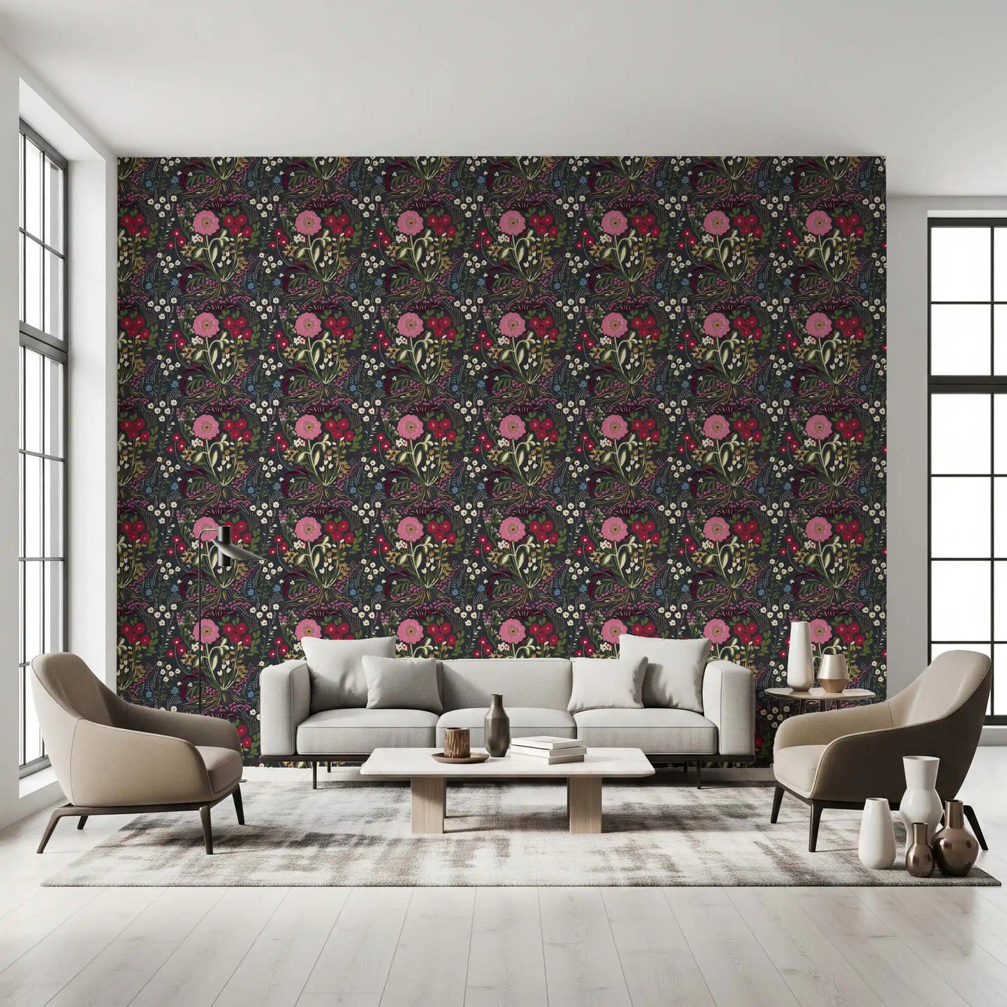 Enchanted Midnight Folk Floral Wallpaper Wallpaper⁠