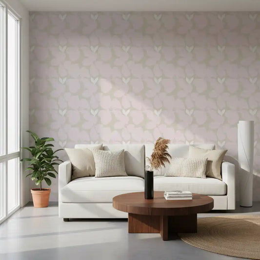 Living room set against pink petal blossom wallpaper on greige GD10754
