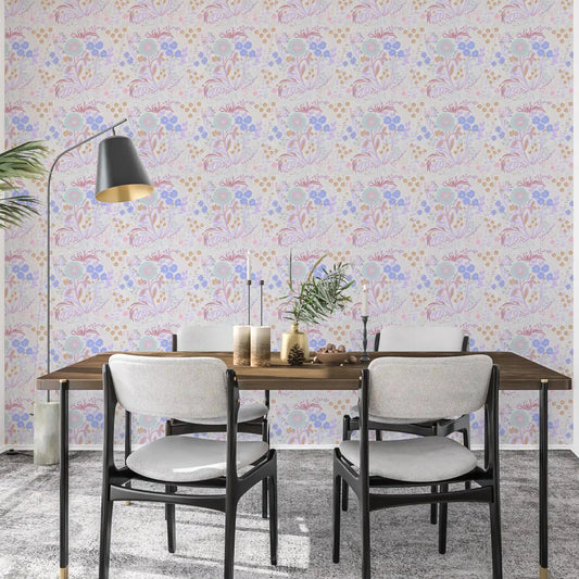 Pastel blooms drift on a pale ground in a calm dining room, meadow wallpaper GD10755
