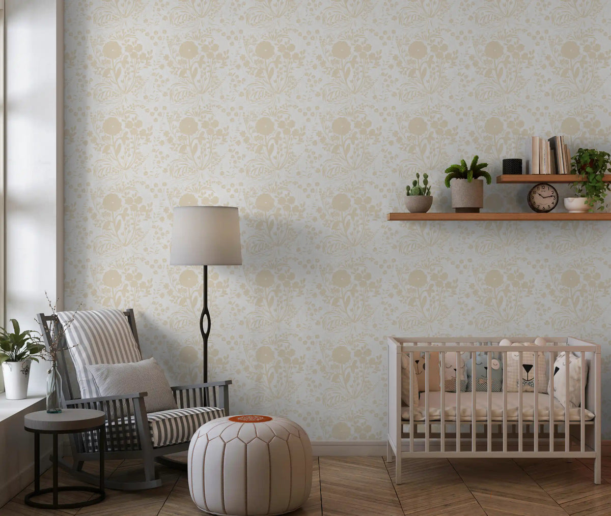 Whispering Meadows wallpaper wrapping a nursery in warm beige florals GD10757
