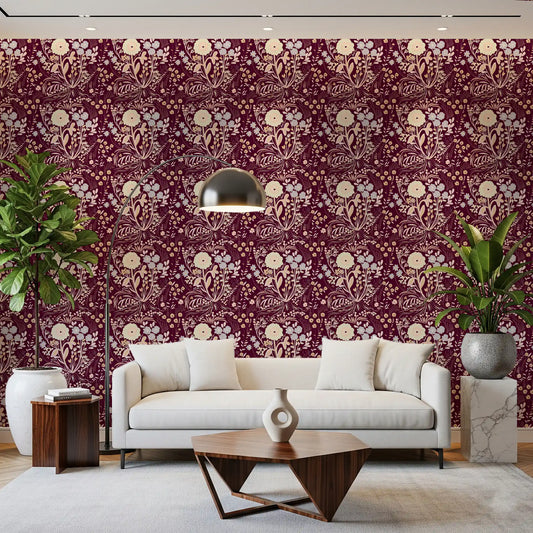 Midnight Wildflower Meadow on Red Wallpaper set behind a warm living room GD10758
