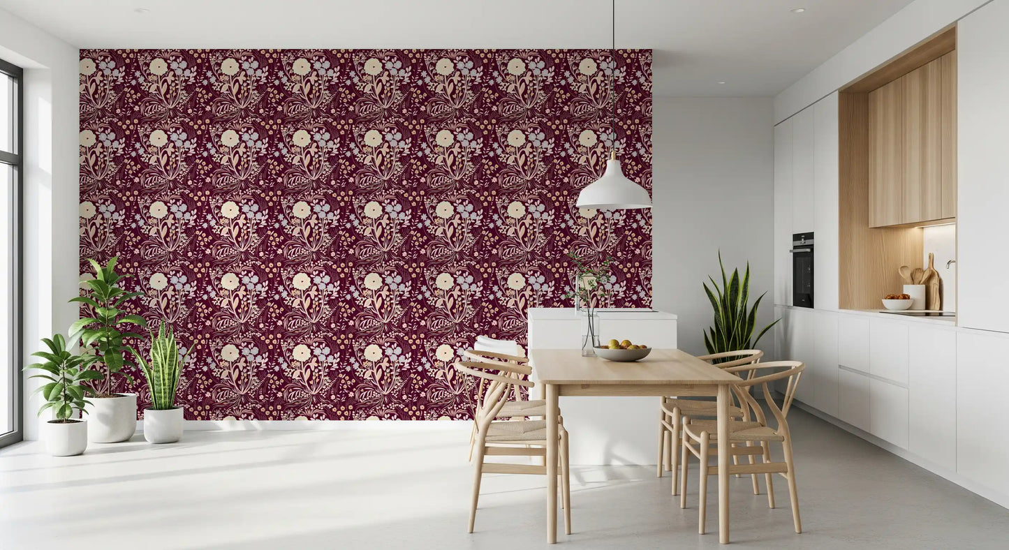 Midnight Wildflower Meadow on Red Wallpaper⁠