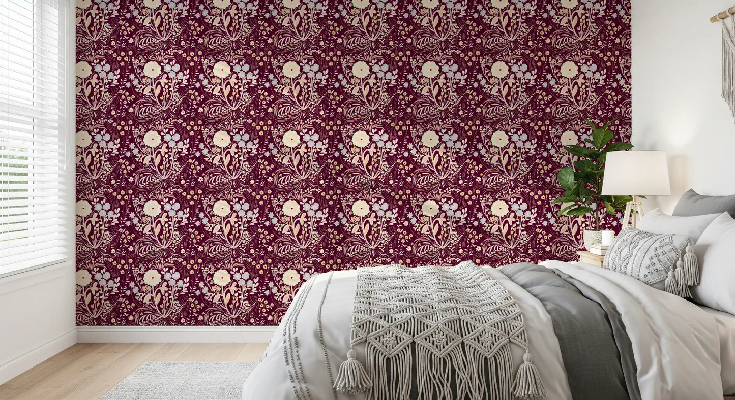 Midnight Wildflower Meadow on Red Wallpaper⁠
