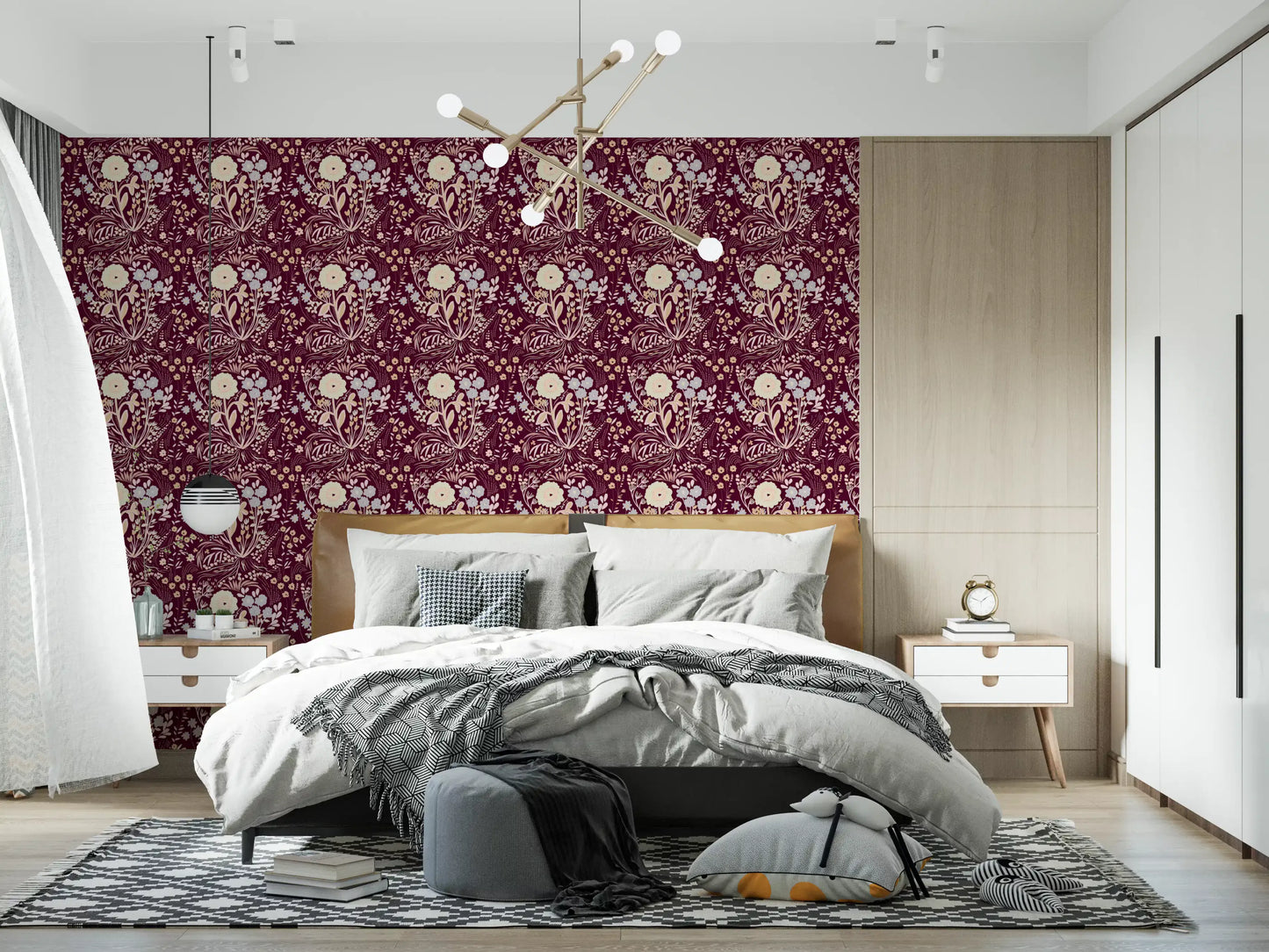 Midnight Wildflower Meadow on Red Wallpaper⁠