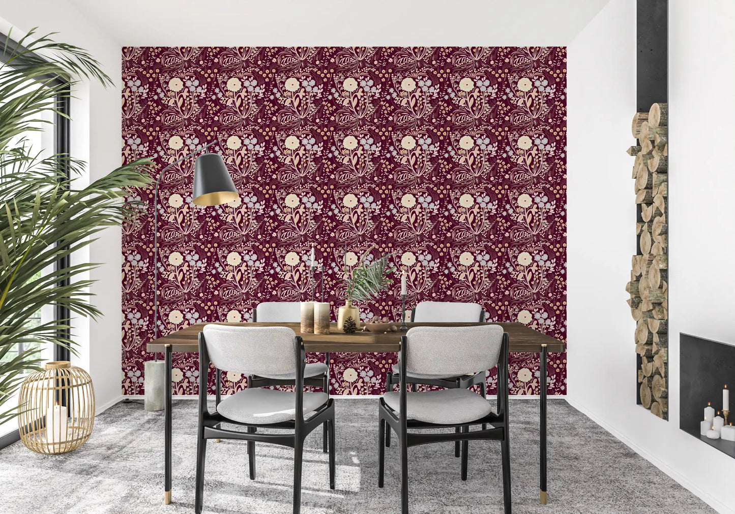 Midnight Wildflower Meadow on Red Wallpaper⁠