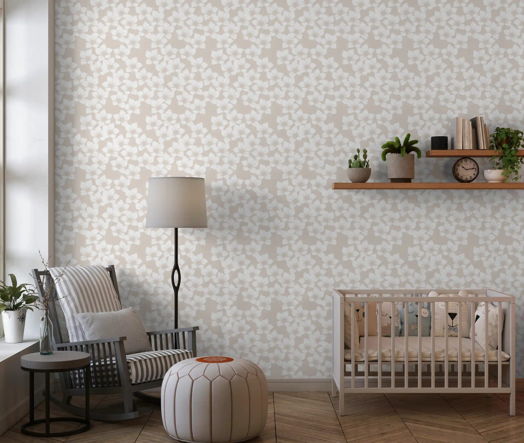 White Cottagecore Flowers wallpaper wraps a calm, gentle nursery GD10760
