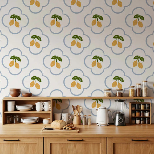 Fresh Lemons wallpaper in a kitchen, yellow citrus on pale blue tiles GD10762