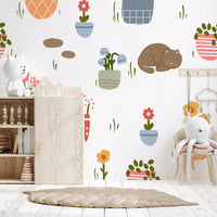 Sleeping Cats and Potted Plants Wallpaper Wall Mural