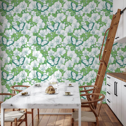 Green orchid and butterfly wallpaper set in a calm Kitchen and dining room GD10772
