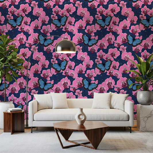 Navy ground and orchid blooms behind a living room, floral wallpaper look GD10773
