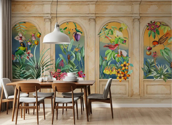 Vintage Archway Tropical Birds wall mural warming a dining room GD10776

