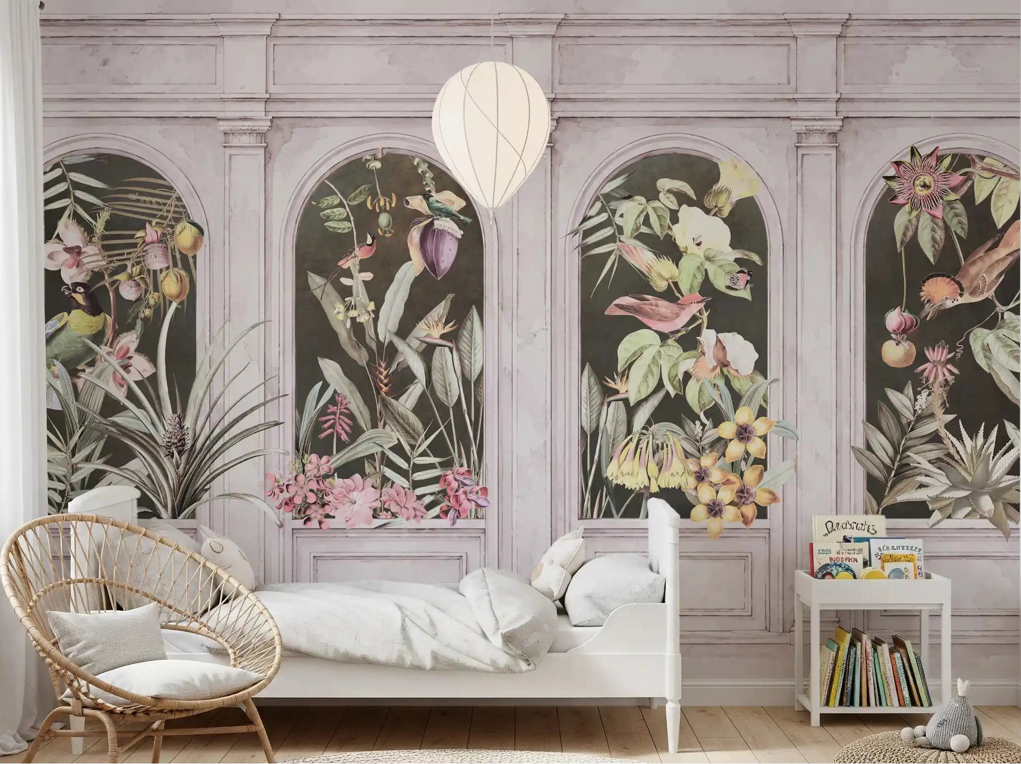 Vintage botanical arches framing a bedroom in this blush wall mural GD10778
