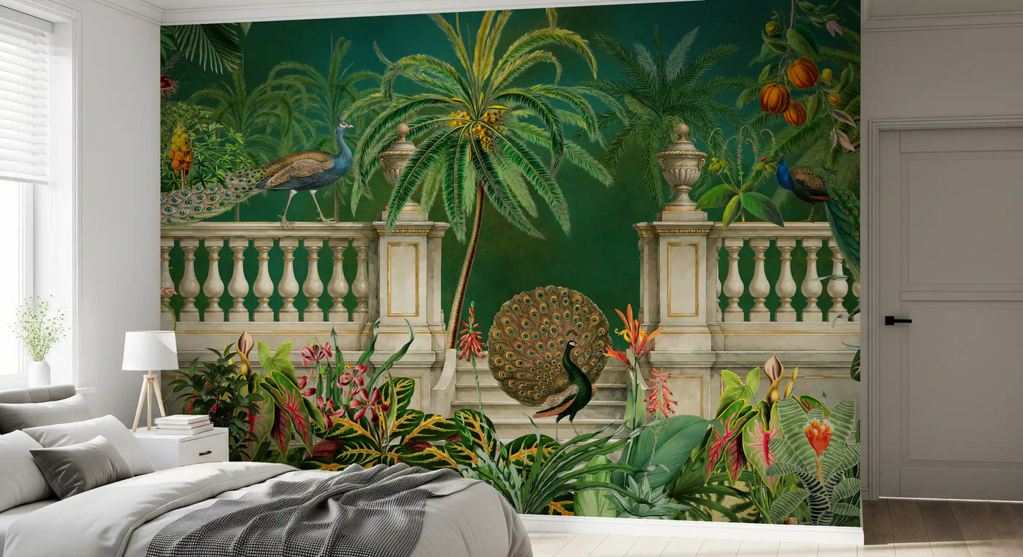 Majestic Peacock and Tropical Balustrade Wall Mural Wall Mural