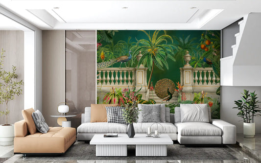 Majestic Peacock and Tropical Balustrade Wall Mural