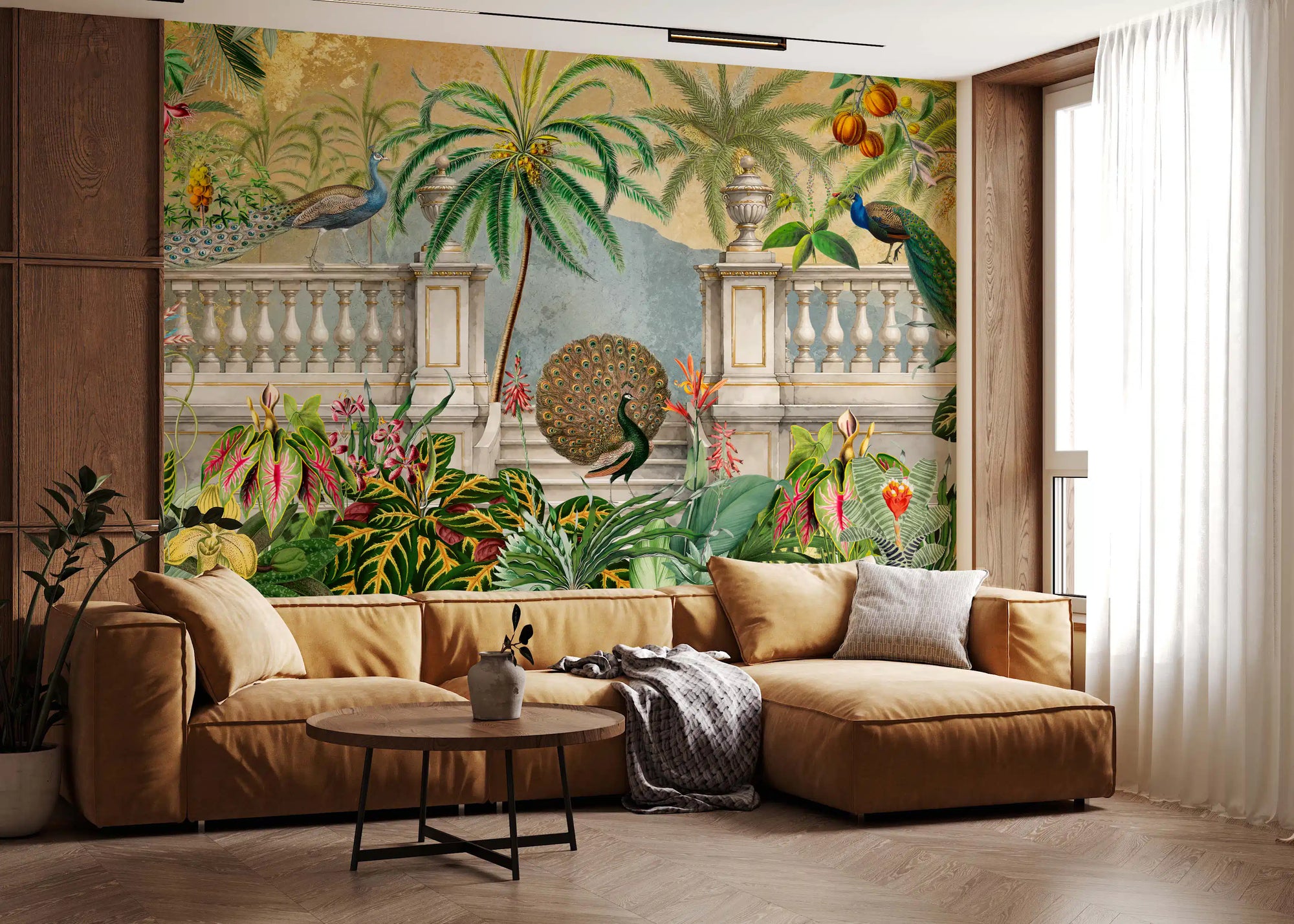Golden garden with peacocks and palms behind a living room, imperial wall mural GD10783
