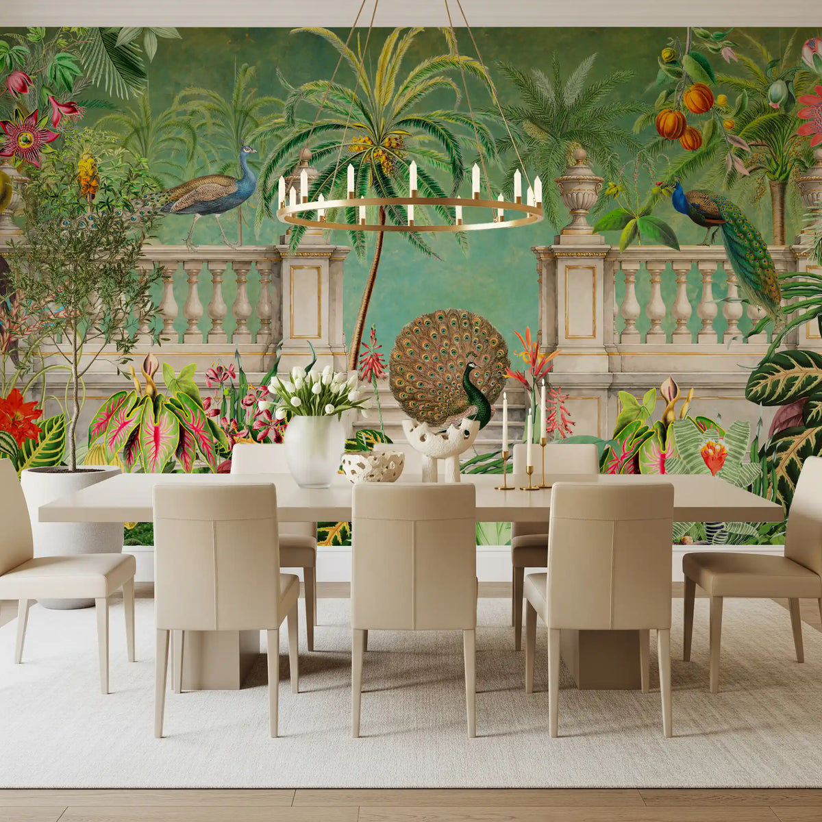 Vintage peacock palace wall mural filling a grand dining room GD107873
