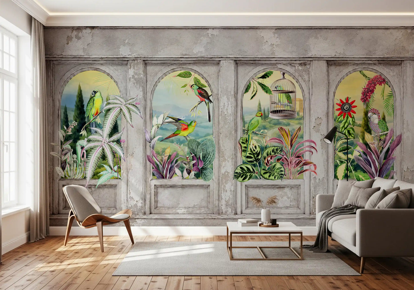 Vintage Archways and Tropical Birds Scenic Wallpaper Wall Mural