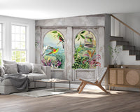 Vintage Archways and Tropical Birds Scenic Wallpaper Wall Mural