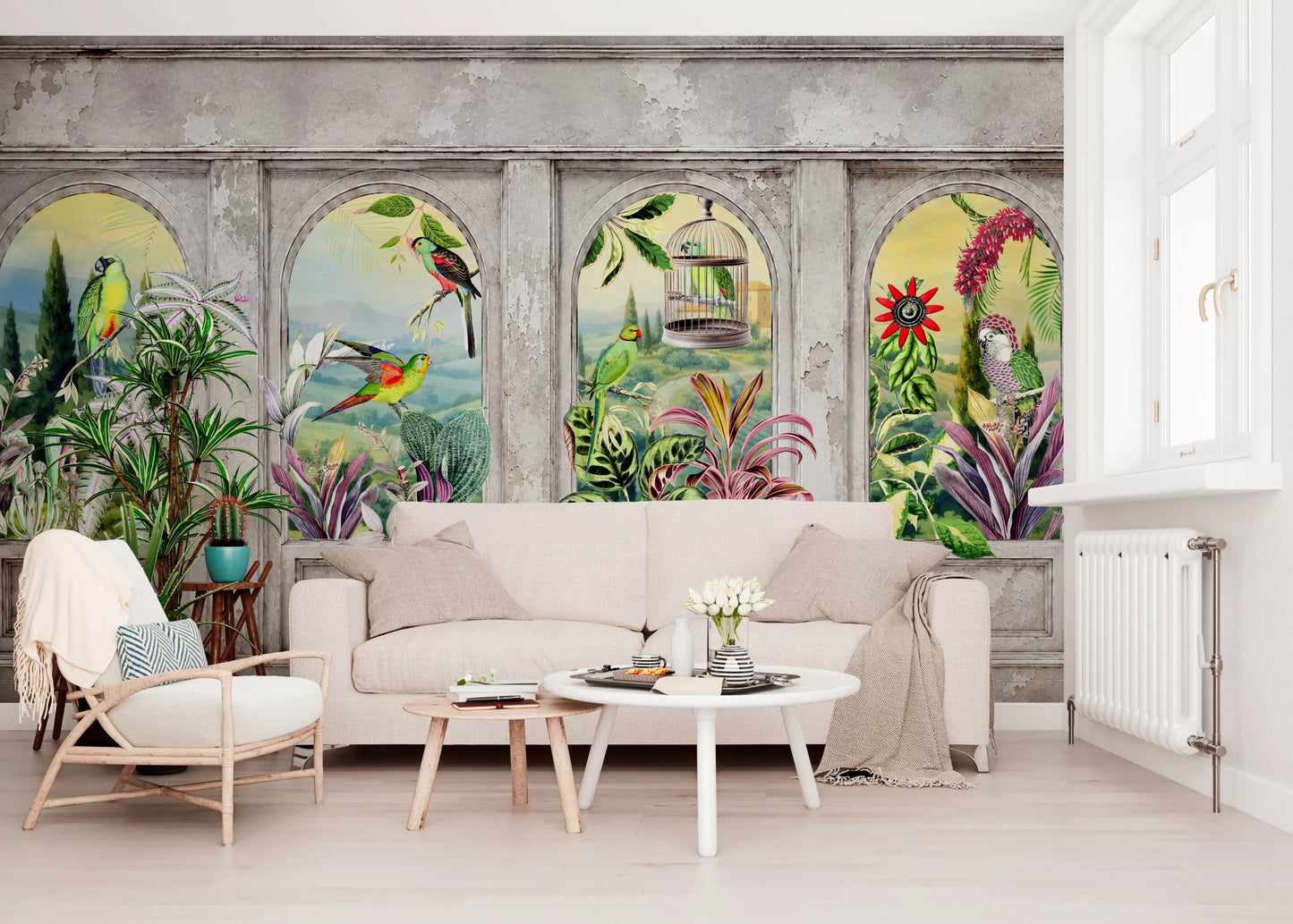 Vintage Archways and Tropical Birds Scenic Wallpaper Wall Mural