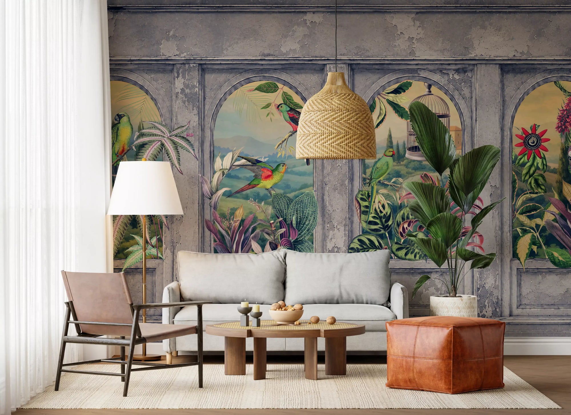 Vintage Archways Tropical Birds wall mural filling a living room, GD10794