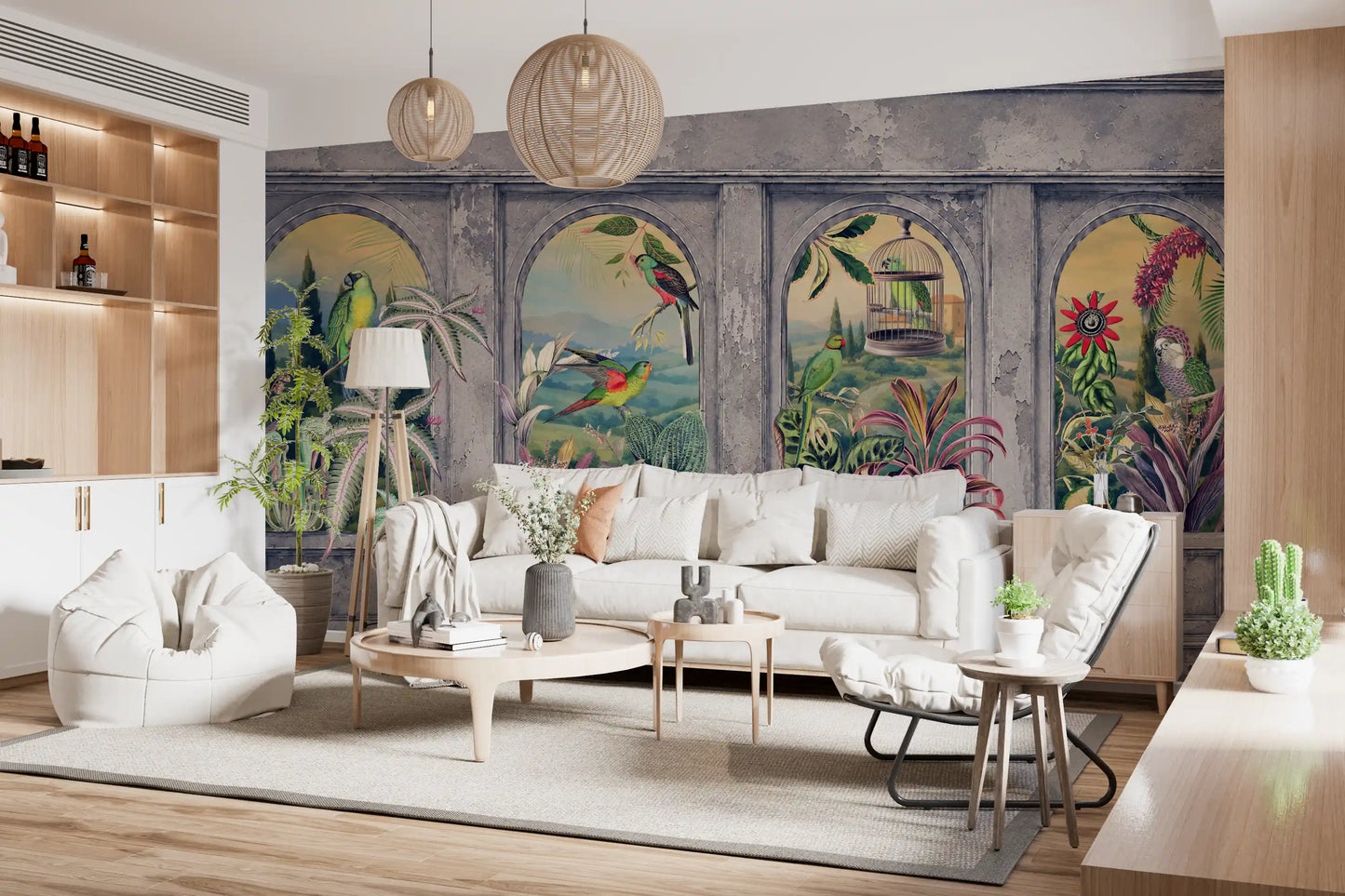 Vintage Archways and Tropical Birds Scenic Wallpaper 1 Wall Mural