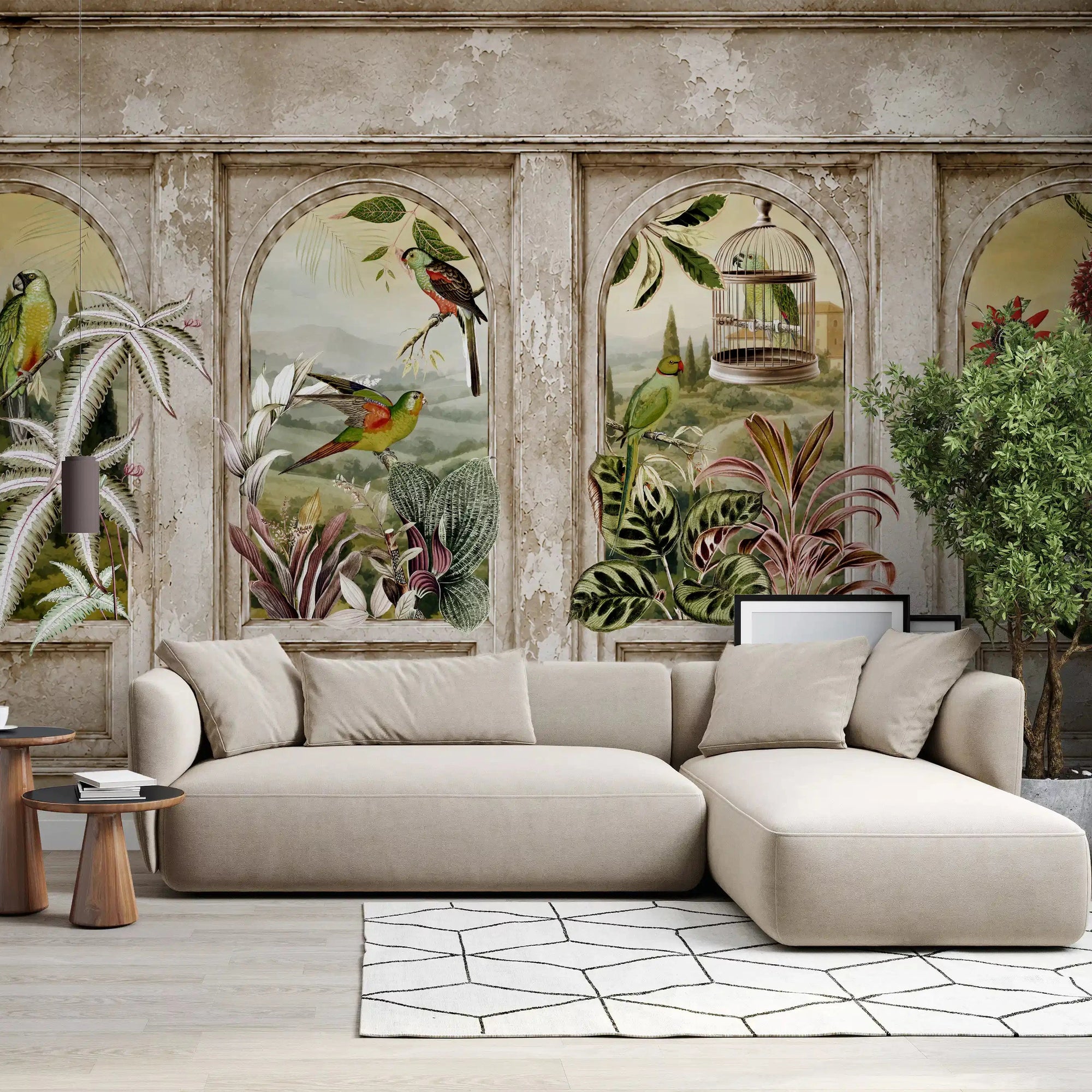 Vintage parrot arches wall mural spanning a living room GD10795