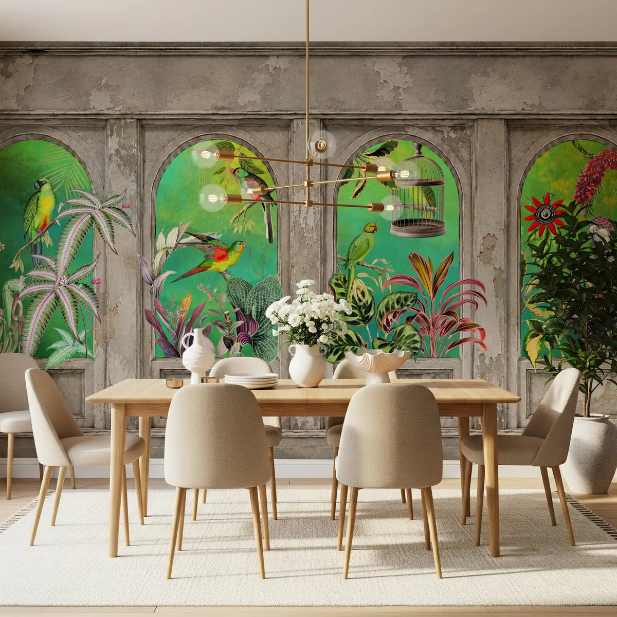 Vintage archways tropical birds wall mural in a dining room GD10797
