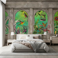 Vintage Archways Tropical Birds Wall Mural Wall Mural