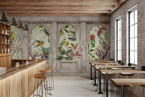 Exotic aviary archway wall mural filling a warm restaurant GD10799
