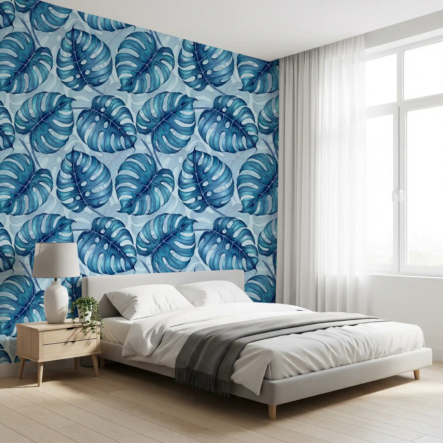 Monstera watercolor in blue Wallpaper⁠