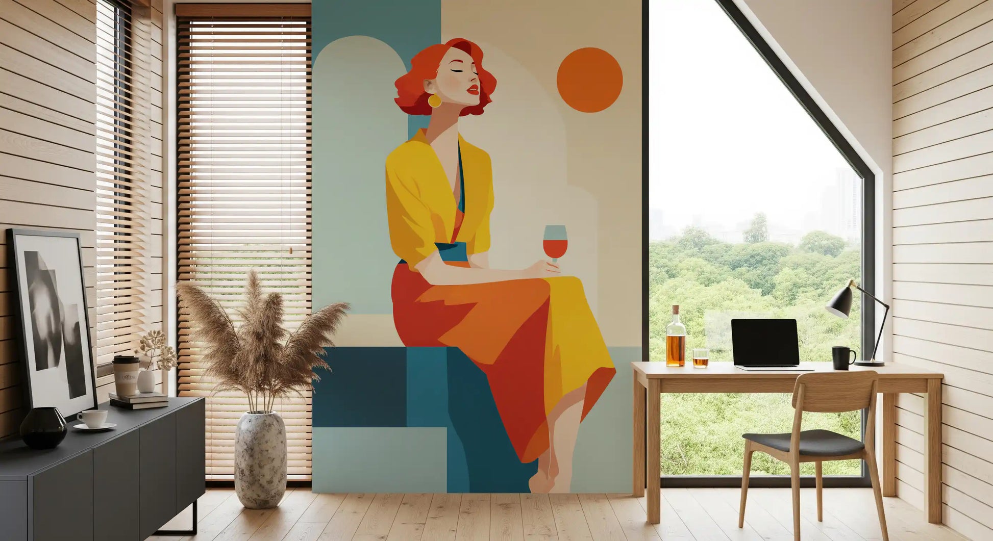 Geometric arches and a full orange circle frame the Chic Moment wall mural GD10804

