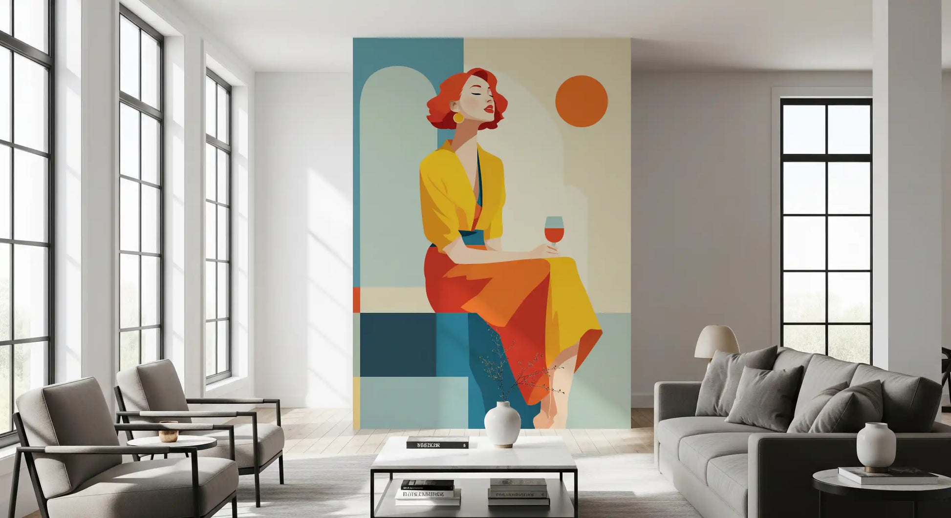 Living room made lively with the Chic Deco Moment wall mural backdrop GD10804
