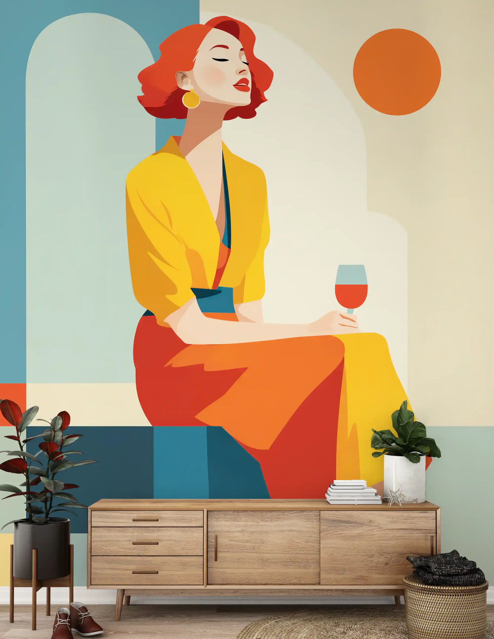 hallway nook lifted by the auburn figure of the Chic Moment wall mural GD10804