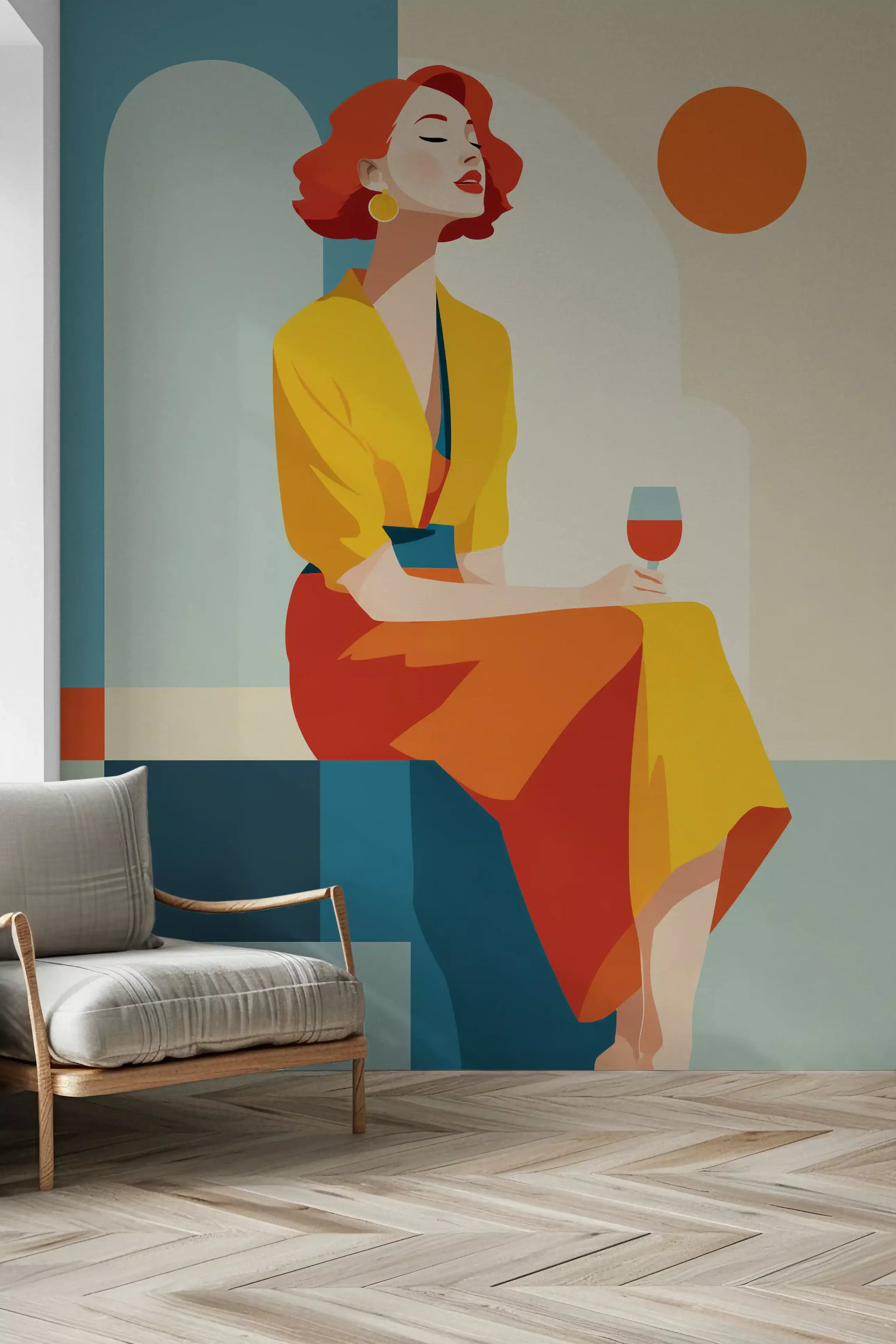 Chic Art Deco Moment wall mural shows a woman resting with a wine glass GD10804
