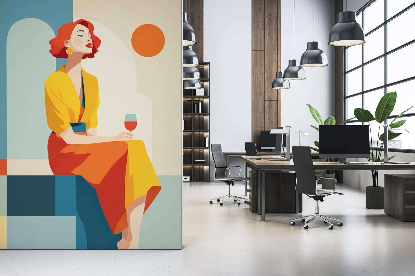 Red hair, yellow top and orange skirt mark the Deco Moment wall mural GD10804
